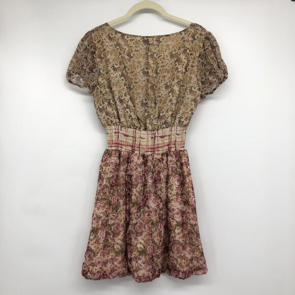 Guess by Marciano Sepia 100% Silk Floral A-line Short Sleeve Mini Dress S - Picture 3 of 16